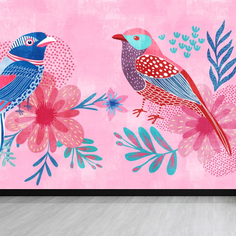 Tropical Teenagers Mural Wallpaper Nature Bird Twins and Leaves Pink Wall Covering