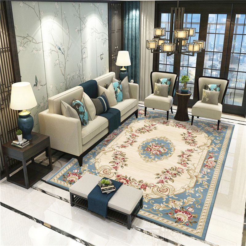 Classic Peony Patterned Rug Multi-Colored Polypropylene Rug Stain Resistant Non-Slip Backing Machine Washable Rug for Sitting Room