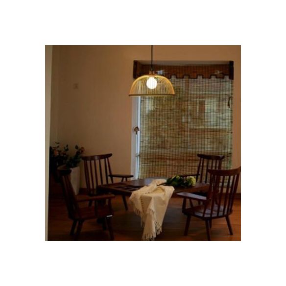 Asian Stylish Dome/Saucer Pendant Hanging Lamp Bamboo 1 Head Ceiling Light in Beige for Dining Room