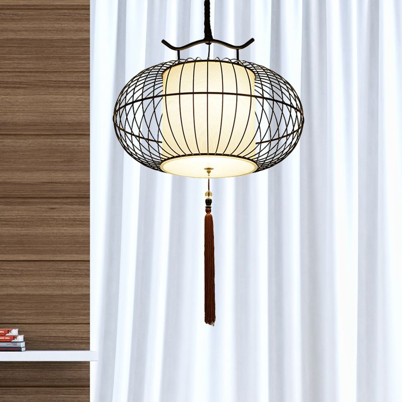 Chinese Style 1 Light Hanging Pendant Light with Bamboo Shade Black/Gold Lantern Ceiling Light for Indoor, 16"/21.5" W