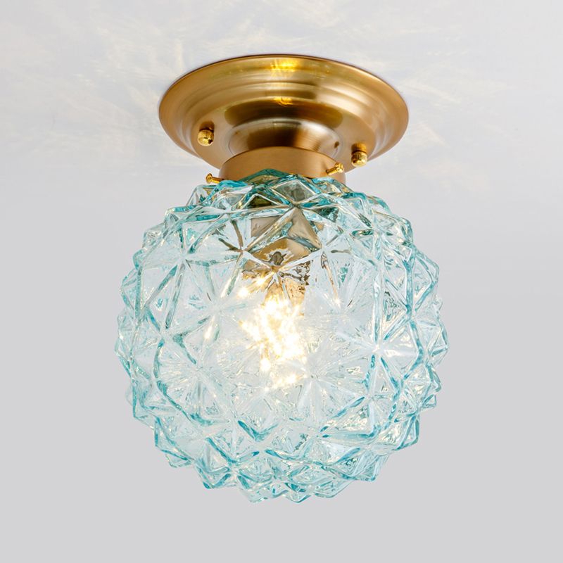 Plafonnier de couloir en forme de cône de pin, bleu campagne/transparent/gris fumé, verre prismatique, 1 tête, plafonnier en laiton