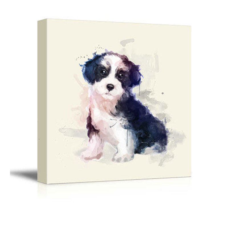 Childrens Art Puppy Canvas Print Black and White Baby Room Wall Decor, Textured Surface