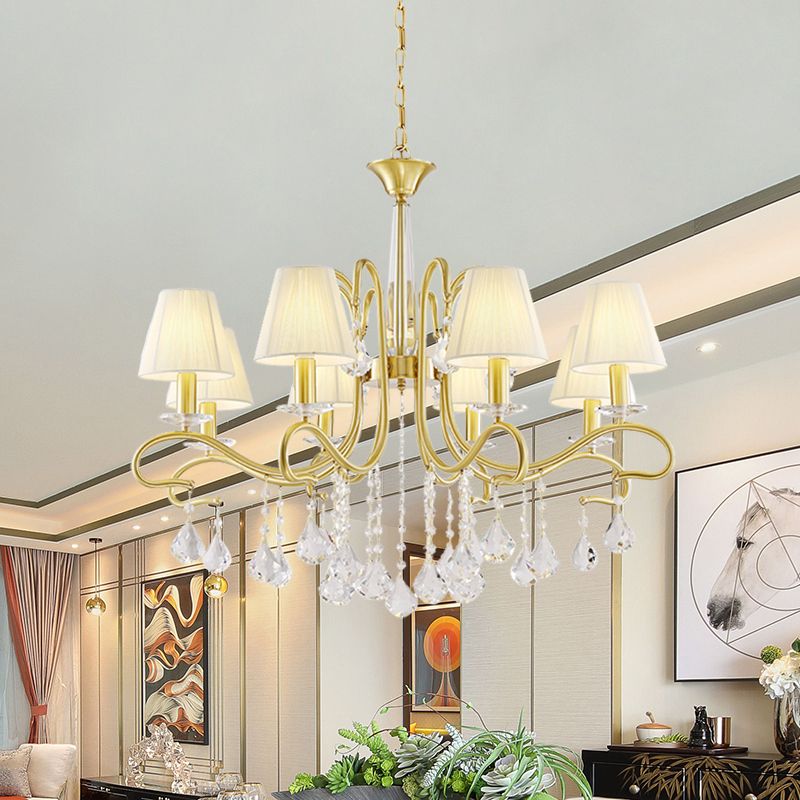 Plafond cristal en laiton Chandelier Country Country Style Metallic Swirl Arm Pendululum Light With Cone Fabric Shade