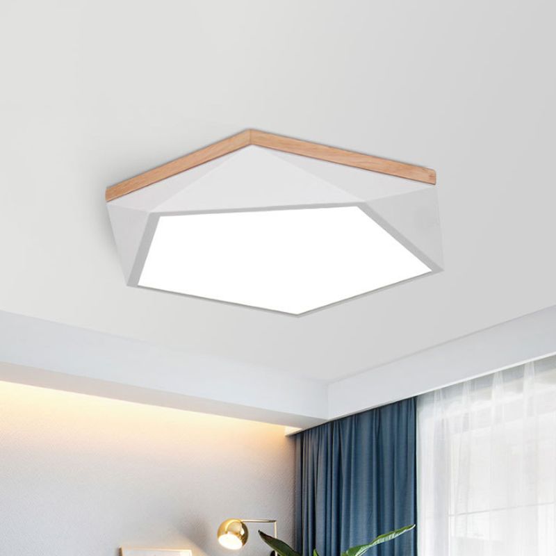 Plafonnier à facettes Macaron métallique 16"/19,5" W LED pour chambre à coucher en blanc/gris/vert avec auvent en bois