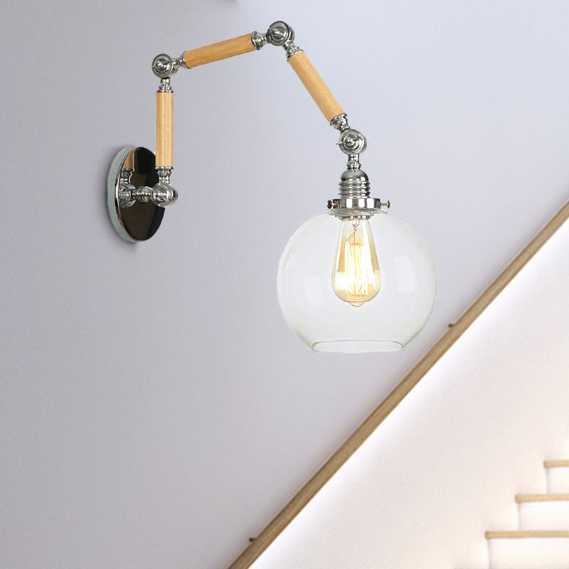 1 Light Orb Shade Sconce Light Fixture Vintage Silver Clear Glass Wall Lamp with Extendable Arm