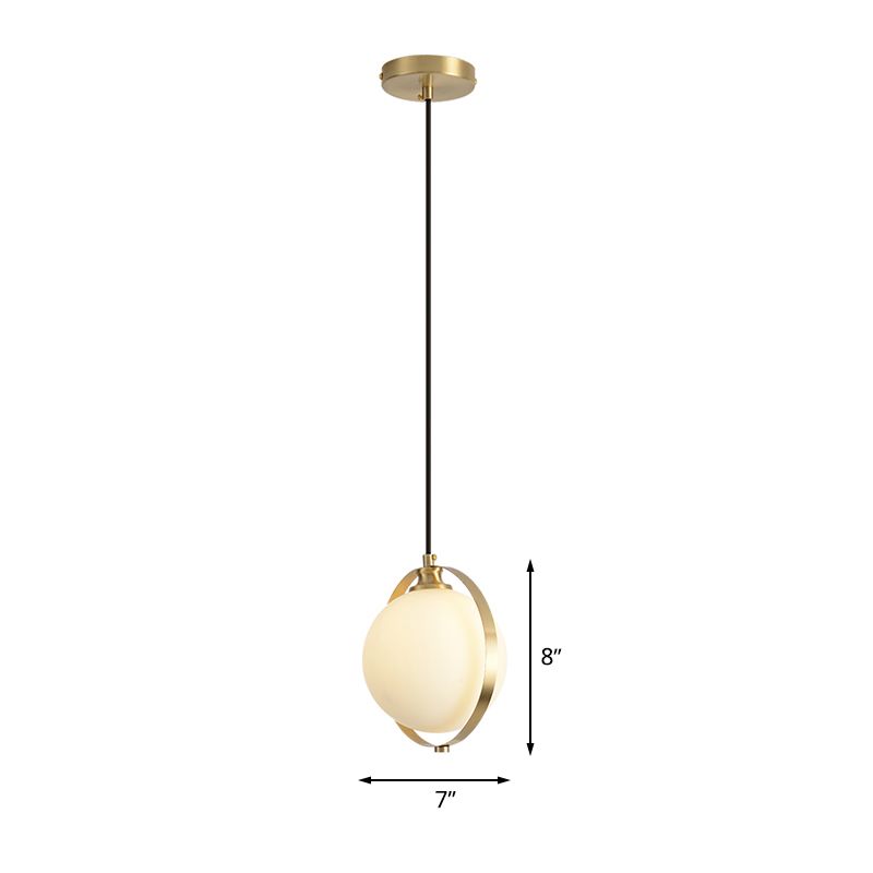Global Suspended Pendant Light Simple White Frosted Glass 1 Bulb Bedside Hanging Ceiling Lamp with Brass Ring