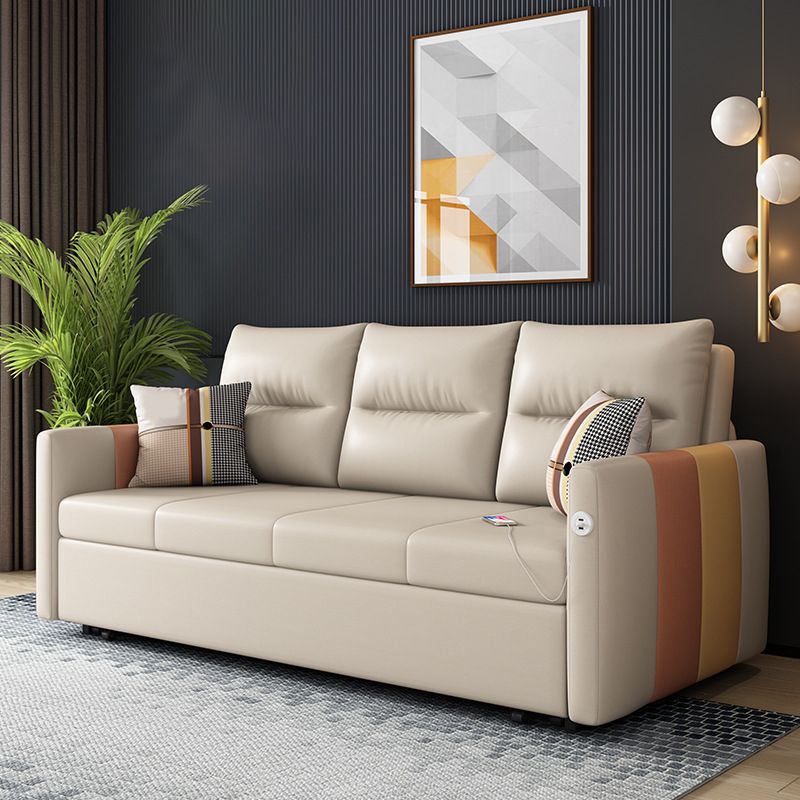 Faux Leather Sofa Stain Resistant Sewn Pillow Back Sofa Bed in Light Brown