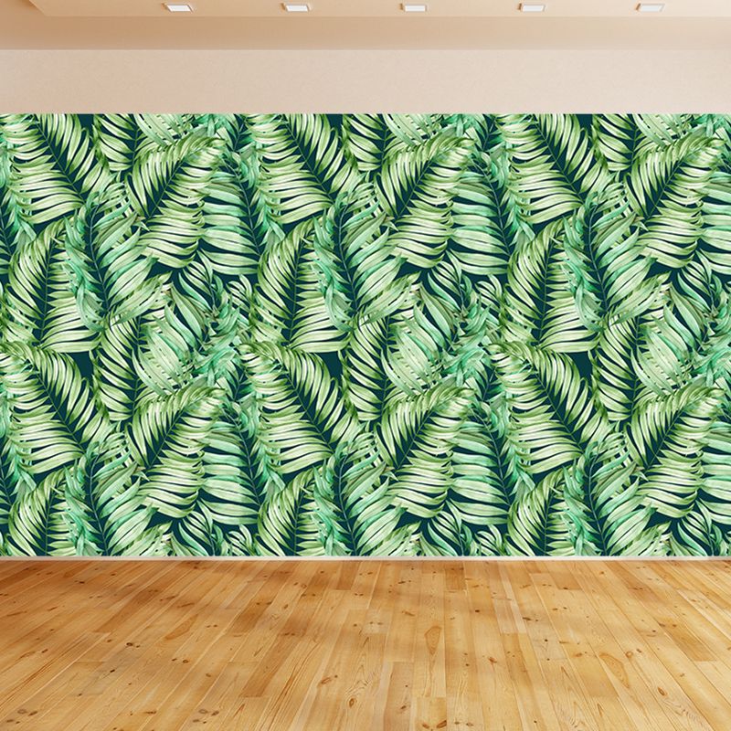 Green Leaves Pattern Mural Wallpaper Stain Resistant Tropical Dining Room Wall Covering