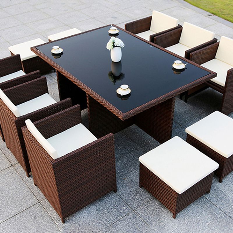 Rattan Dining Table Set with Black Tempered Glass Table for Courtyard