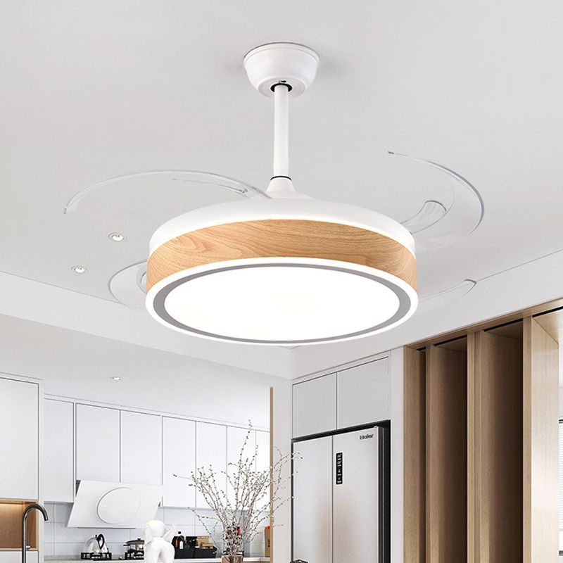 Metal Round Hanging Fan Light Simple Modern 4 Blades LED Semi Flush Mounted Lamp in Grey/Pink/Blue for Dining Room, 47" Wide
