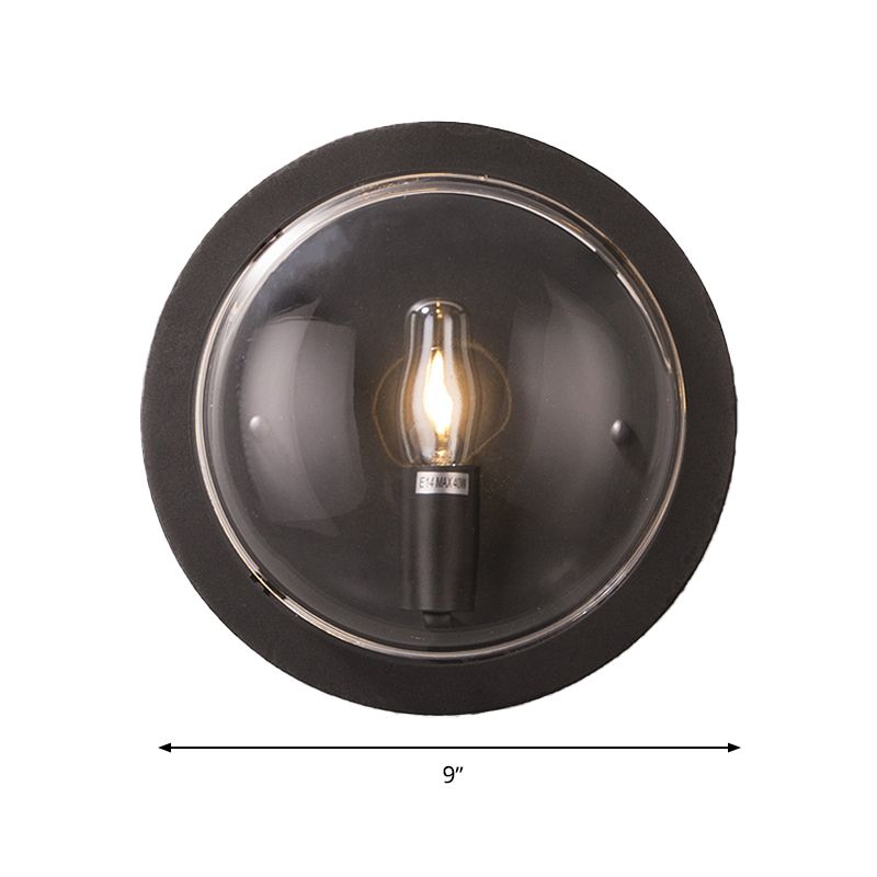 Metal Drum Flush Mount Lighting Retro 1 Light Living Room Wall Sconce Lamp in Black with Clear Glass Shade