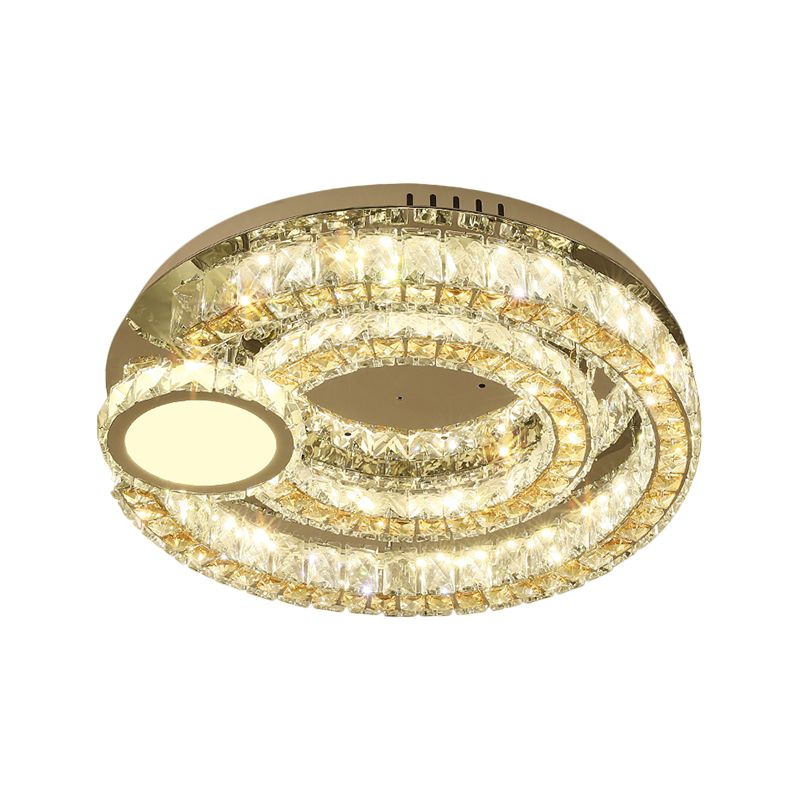 LED Ring Flushmount Contemporary Stainless-Steel Finish Clear Faceted Crystal Blocks Ceiling Lighting