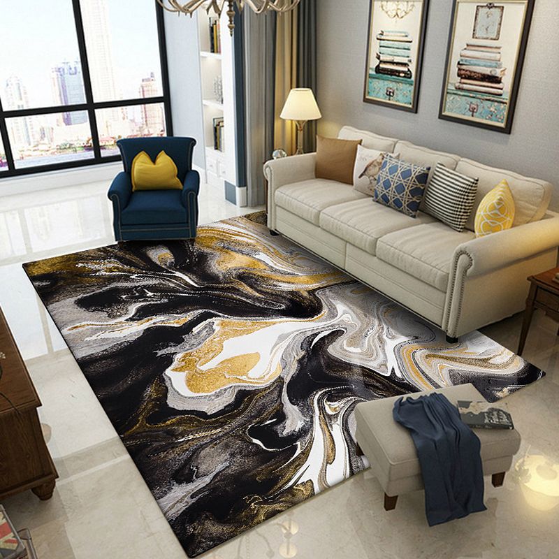 Black Bedroom Rug Minimalist Watercolor Pattern Rug Polyester Anti-Slip Backing Washable Area Rug