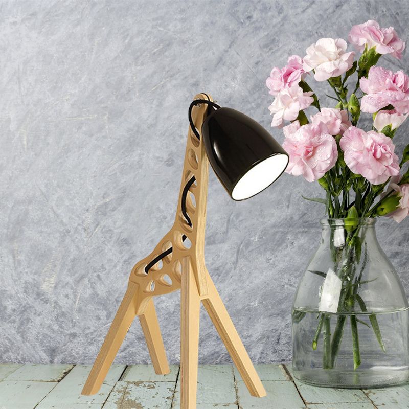 Cartoon Bell Night Light Metal 1-Light Bedroom Table Lamp in Blue/Red/Green with Standing Giraffe Wood Base