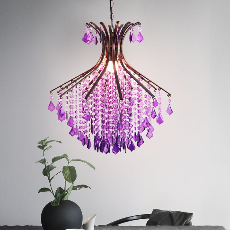 1-Head Pendant Ceiling Light Traditional Restaurant Suspension Lighting with Cascade Crystal in Purple