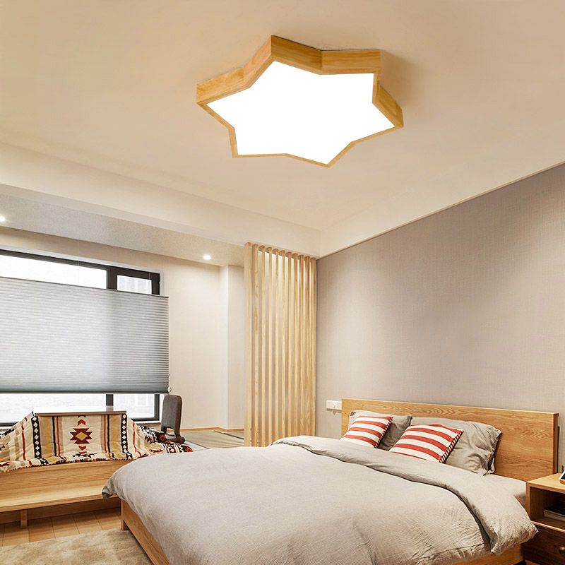 Six-Pointed Star Bedroom Flush Mount Lighting Wood Minimalist LED Flush Mount Fixture
