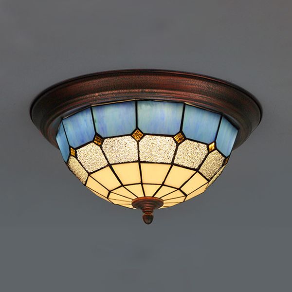 Bowl Shape Ceiling Light Fixture Lodge Stained Glass 1 Bulb Flushmount Ceiling Light in White/Blue/Light Blue/Clear/Blue-White/Dark Blue