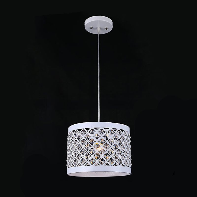 Metal Cylindrical Pendant Lamp Modern Style 1-Light Hanging Light with Crystal Beads