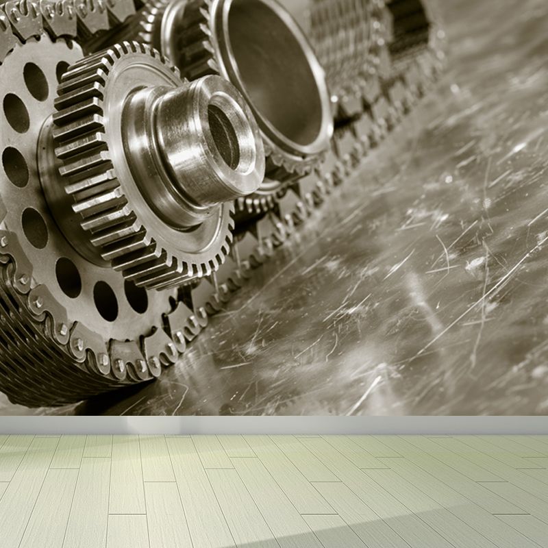 Contemporary Metal Gear Wall Mural Non-Woven Textured Stain-Proofing Dark Color Wall Art for Room