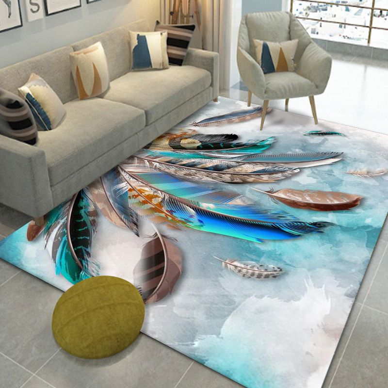 Glam Carpet Polyester Feather Print Rug Non-Slip Backing Indoor Rug for Home Decoration