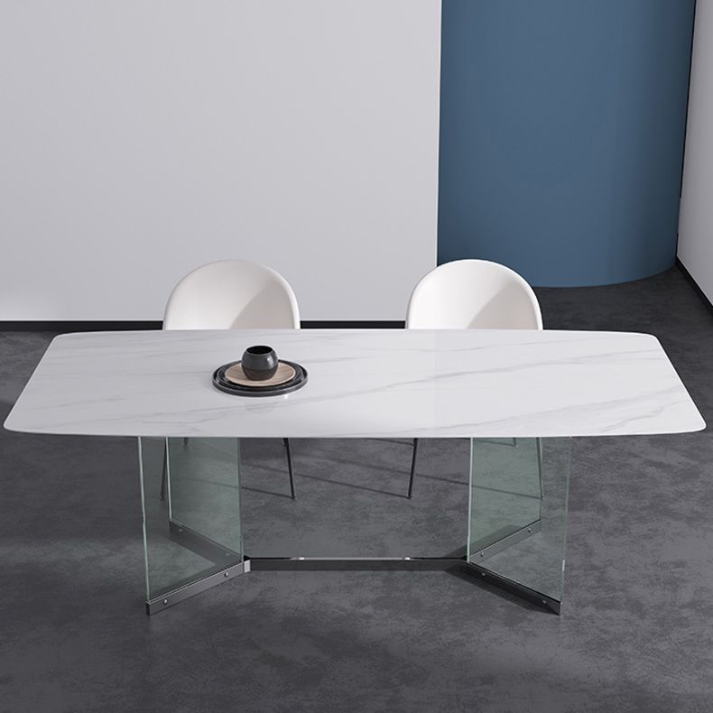 Modern Stone Double Pedestal Dining Table Rectangle White Top Table for Home