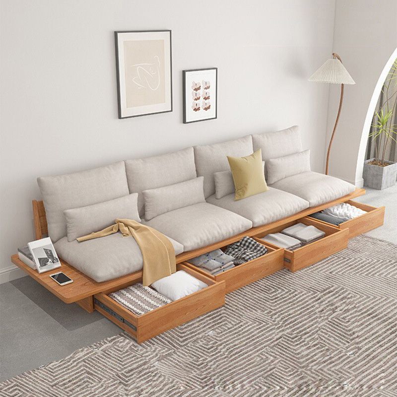 Contemporary Beige Sofa with Pillows Back and Drawers for Living Room