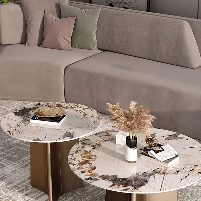 Round  Stone Side Table with 1 Leg Metal Base Side End Snack Table