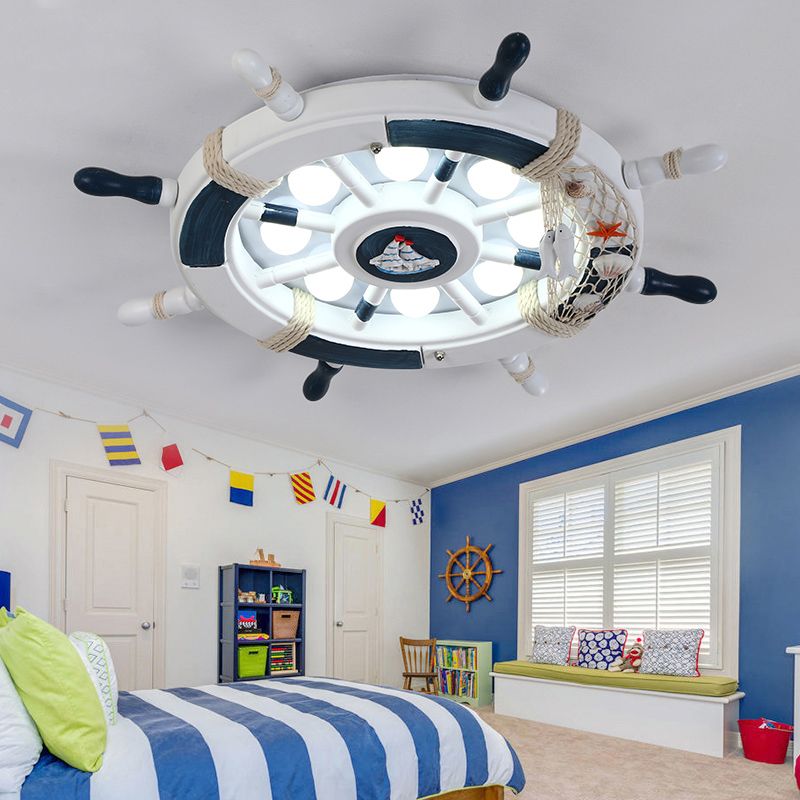 Rudder Kids Room LED Flush Mount Wooden 8 Heads Mediterranean Ceiling Flush Light