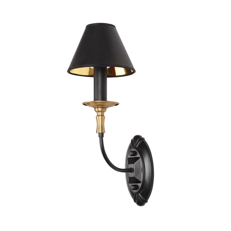 Black 1/2-Bulb Wall Lamp Sconce Vintage Fabric Barrel Wall Mounted Light with Curvy Arm for Hallway