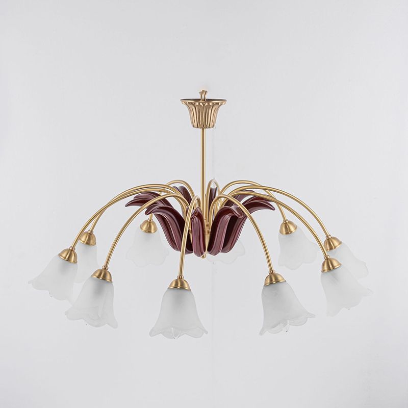 Frosted Glass Chandelier Antique Golden Scalloped Pendant Light Fixture for Living Room