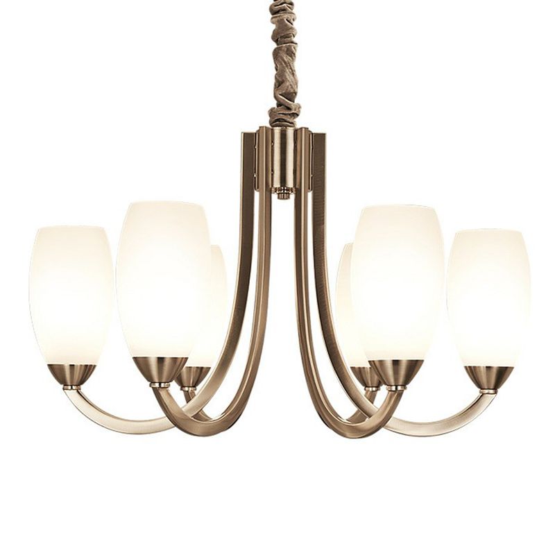 Nickel Finish Swoop Arm Chandelier Simplicity Metal Bedroom Pendant Light with Oval White Glass Shade