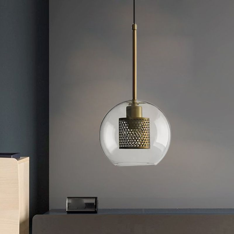 Cylindrical Bedroom Suspension Light Colonial Metal Mesh 1 Bulb Bronze/Silver Gray Pendant with Clear Glass Shade, 8"/9.5"/12" W