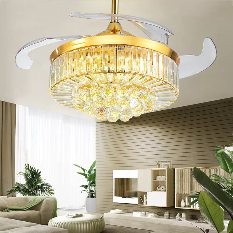 19 "breites Kristalltrommel Halbflush Moderne LED -Deckenleuterleuchte, 4 Klingen