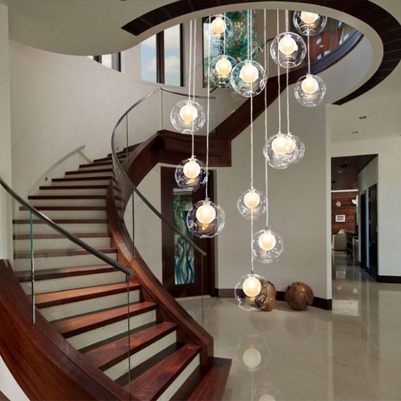 Ball Spiral Stairs Multi-Pendant Clear Dimpled Glass 15-Light Modern Ceiling Light