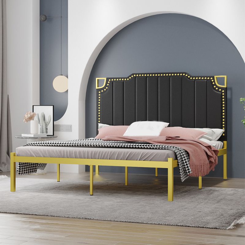 Iron Bed with Faux Leather Stepped Headboard and Nailhead Trim