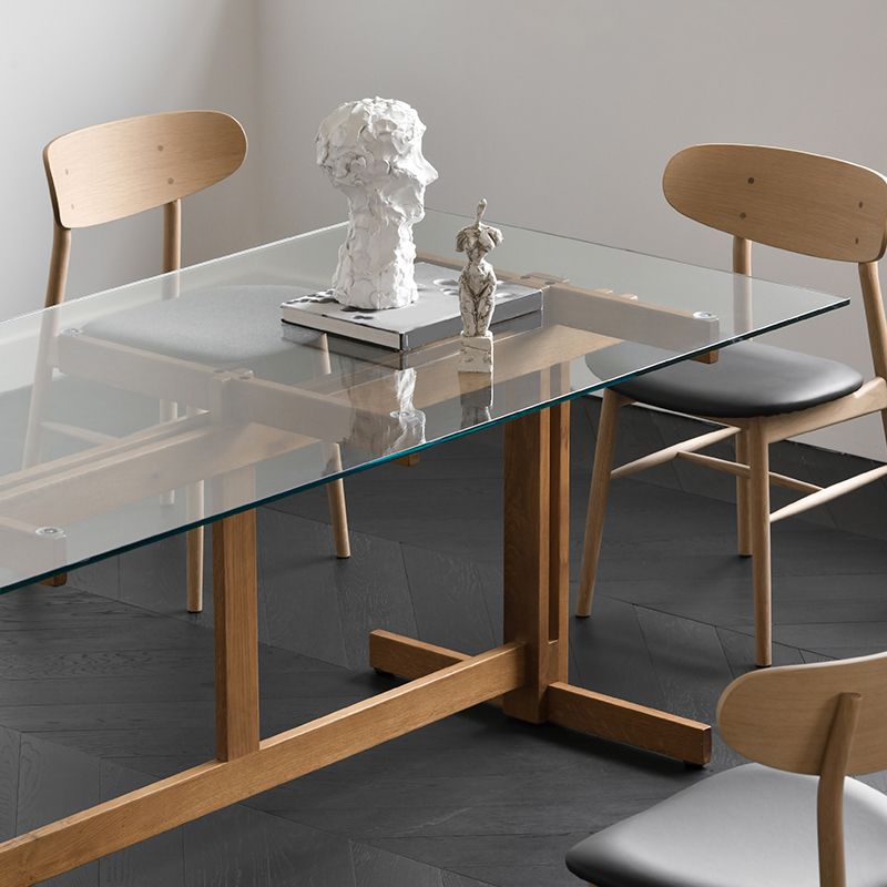 Clear Modern Rectangle Glass Dining Table with Solid Wood Trestle Base