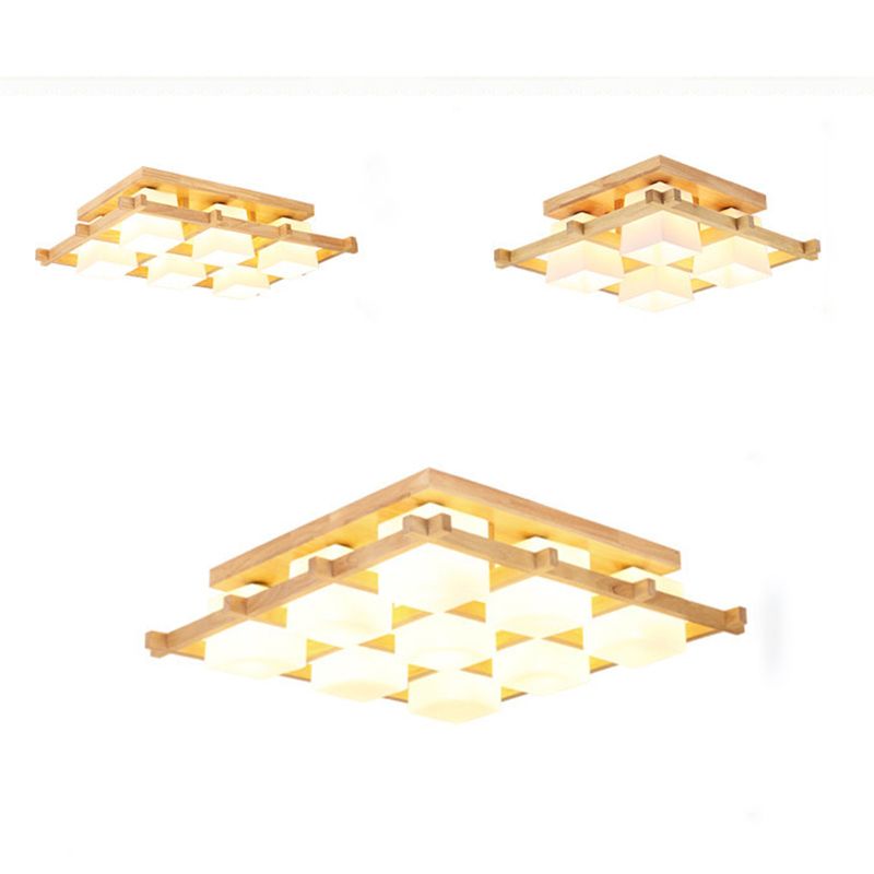 Geometrische Deckenleuchte in Holzfarbe im modernen, prägnanten Stil für den Innenbereich aus Holz mit Glasschirm