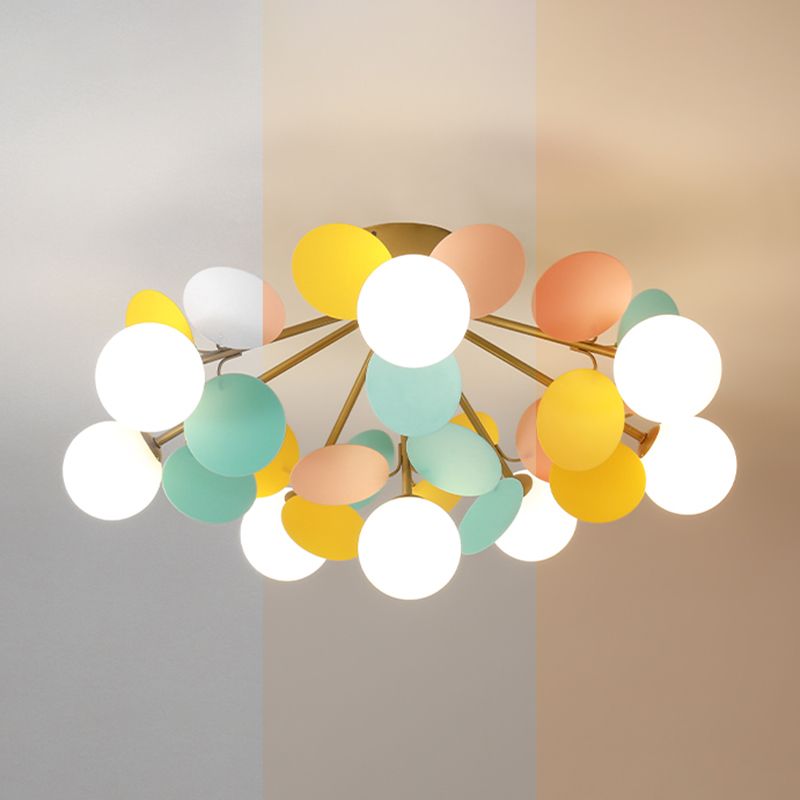 Flower Branch Metal Semi Flush Ceiling Light in Modern Simplicity Sputnik Indoor Flush Mount with Circular Opal Glass Shade