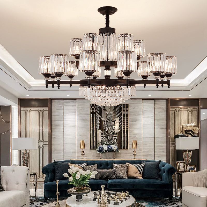 Black Chandelier Lighting Vintage Rectangular-Cut Crystal Cylinder Ceiling Light Fixture