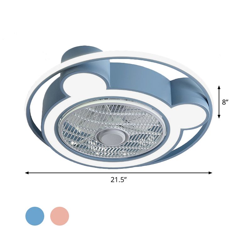 Modernism Bear Head Pendant Fan Lamp 21.5" Wide LED Acrylic Semi Flush Mounted Light in Pink/Blue with Ring