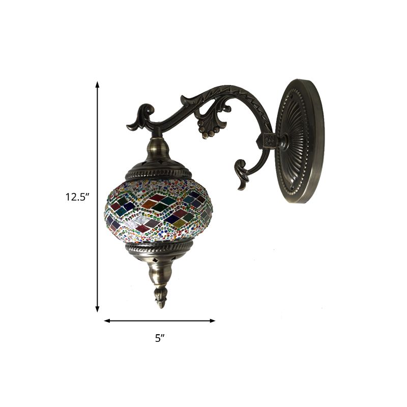 Curved Arm Sconce Light Traditionary Metal 1 Head Bronze Wall Mounted Lamp with Ball Yellow/Green Glass Shade for Balcony