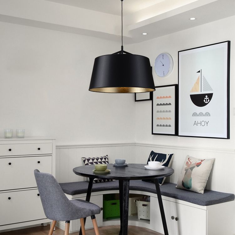 Frustum Hanging Light Simplicity Fabric 1-Light Dining Room Pendant Light in Black and Gold Inner