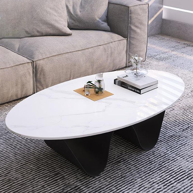 Glam Style Stone Top Coffee Table with Steel Base in Oval Cocktail Table