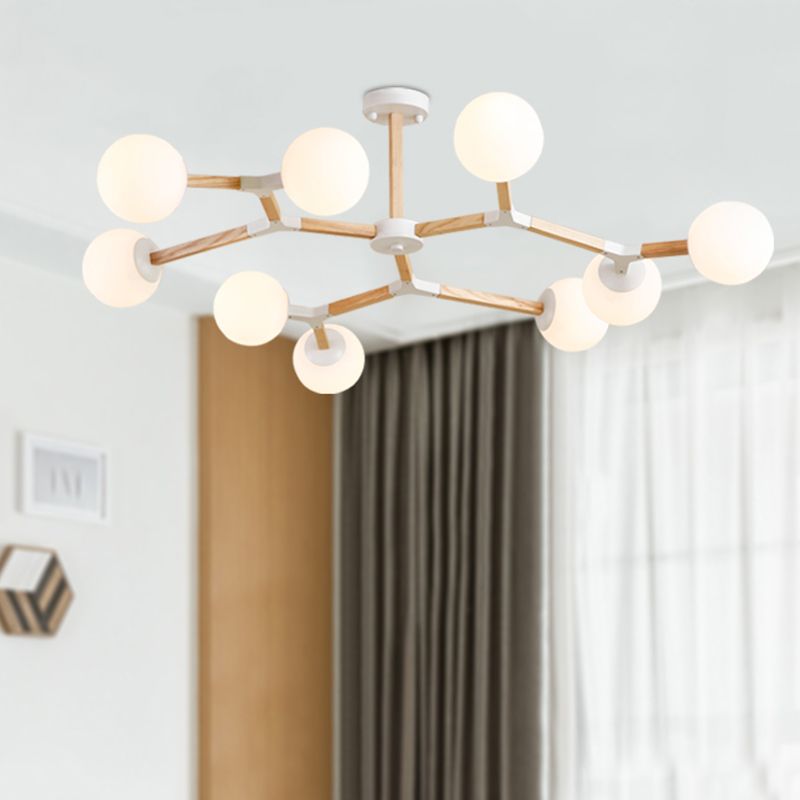 Living Room Chandelier Wooden Macaron Suspension Light with White Glass Shade