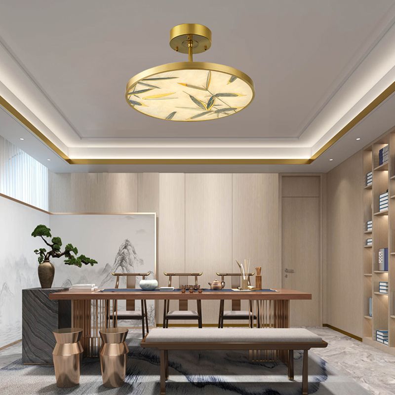 16 "/23,5" de large 1 Light Semi Flush Mount Light Traditionnel Round Grosted Glass Plafond Ayémat en or