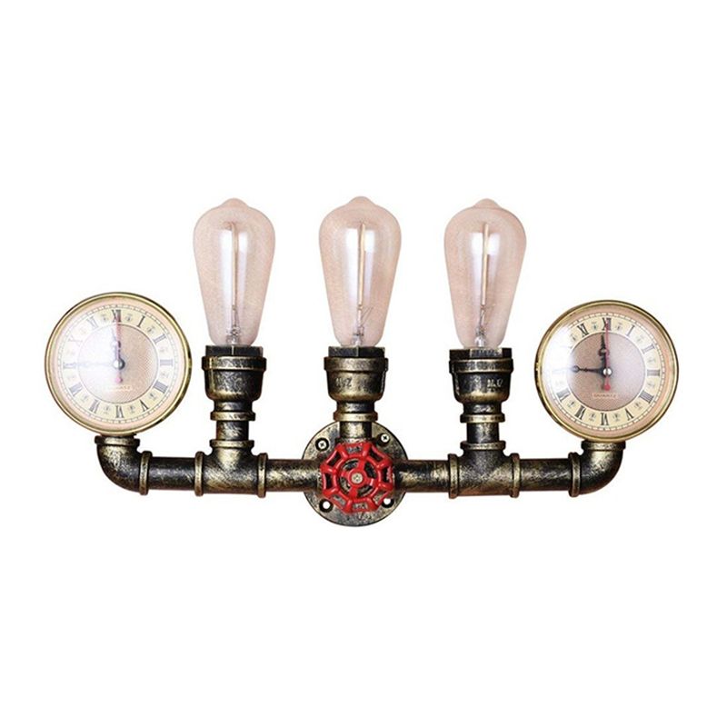 Bronze Pipe Wall Mount Light Warehouse Style Iron 3-Light Dining Room Wall Lamp with Pressure Gauge and Valve Deco