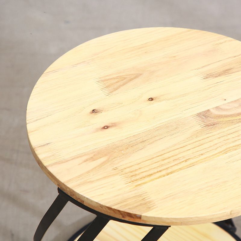 Drum End Table with Storage Solid Wood Round Top and Metal Base