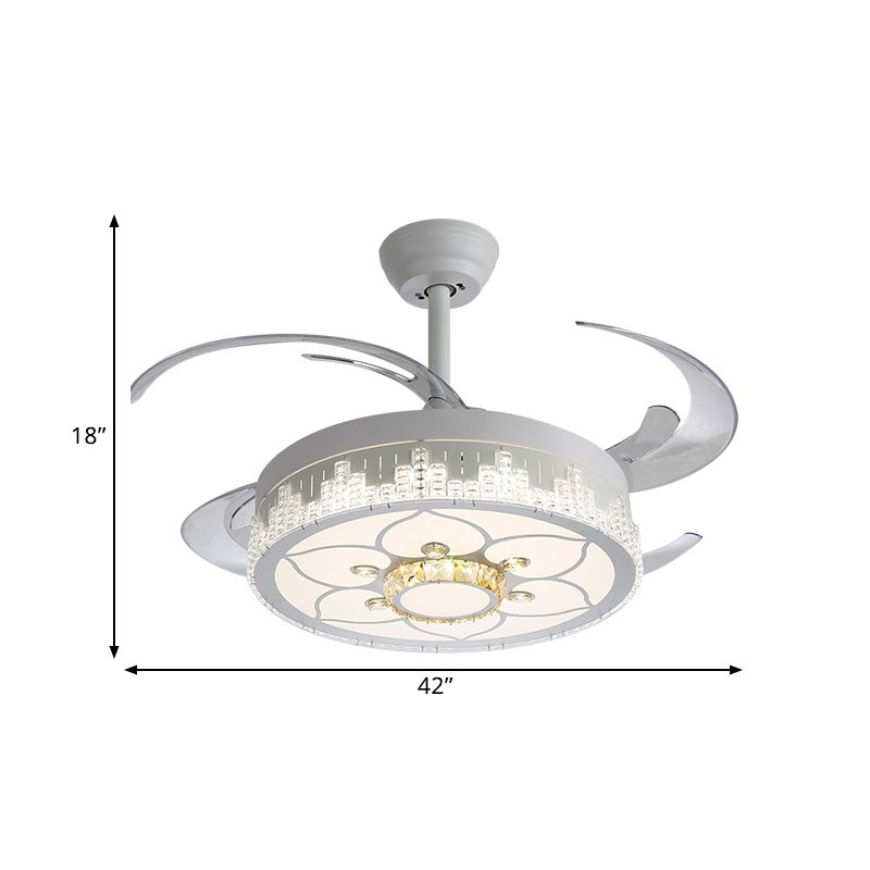 Kristalblokken witte semi -mount licht ronde moderne 4 bladen led plafondventilator lamp met bloem/sneeuwvlok/Chinees knooppatroon, 19 "breed