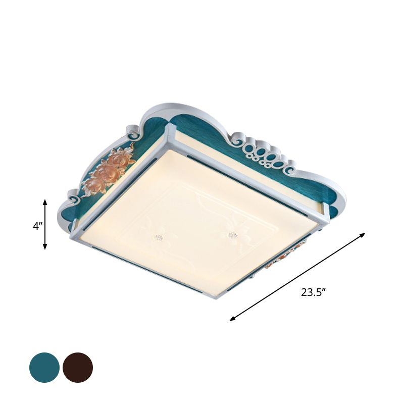 Acrylic Square Design Flush Mount Traditional Style LED Bedroom Light Fixture Ceiling with Carved Flower in Brown/Blue