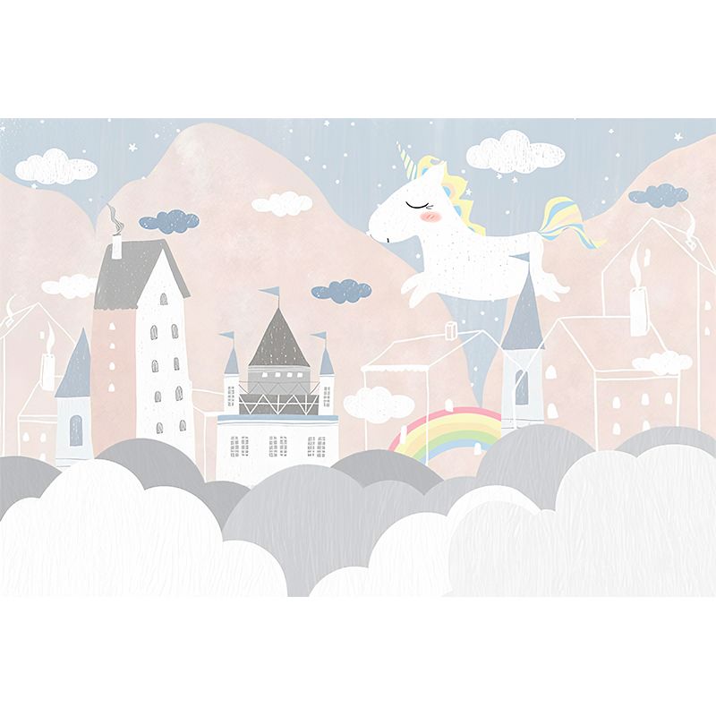 Whole Tiny Horse Wall Covering for Children Fantasy Sky Mural Wallpaper in Pastel Pink, Water-Resistant